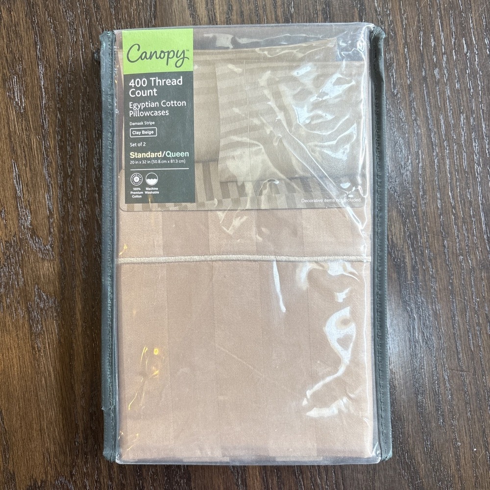 Canopy Srandard Queen 2 Pillowcases Clay Beige Damask Stripe 400 Thread Egyptian